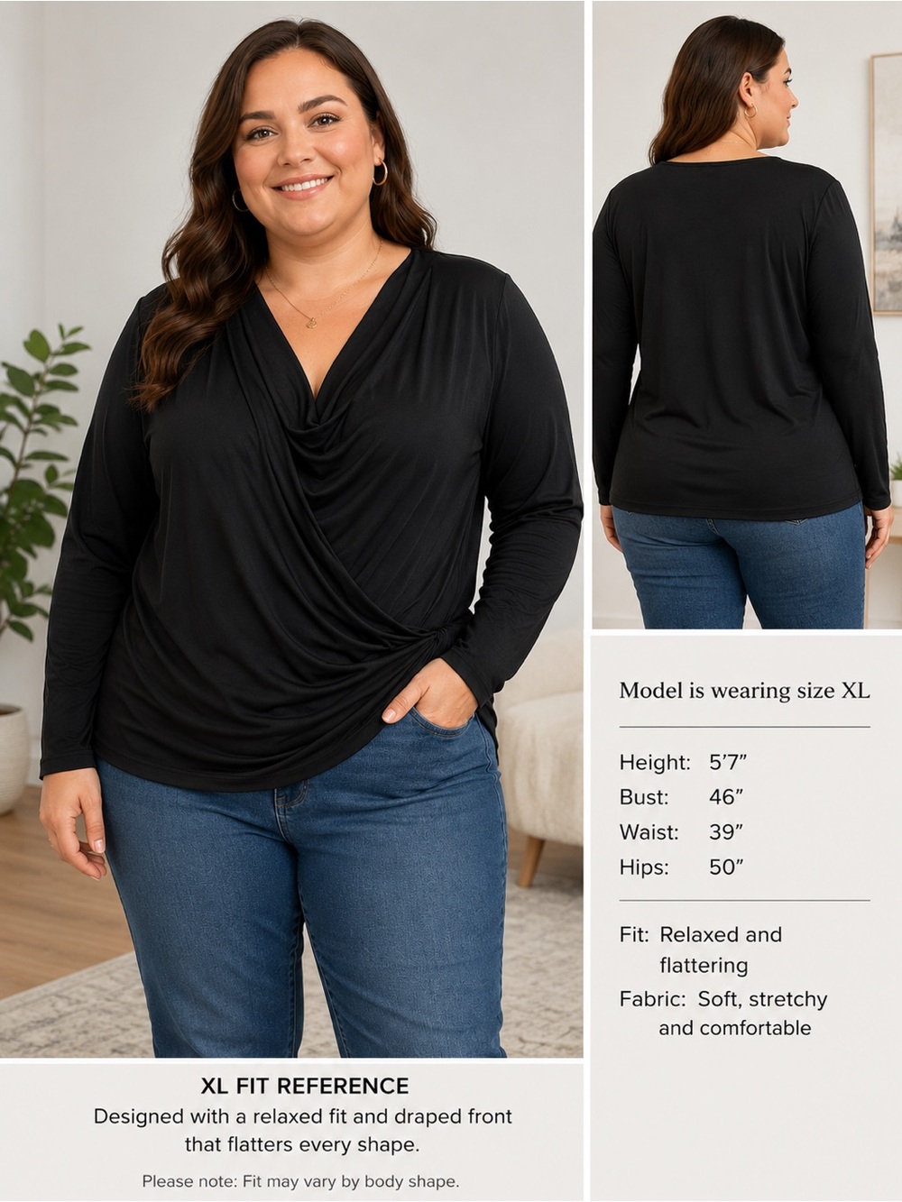 Anne Klein Black Draped Top XL Long Sleeve Stretch Blouse NWT